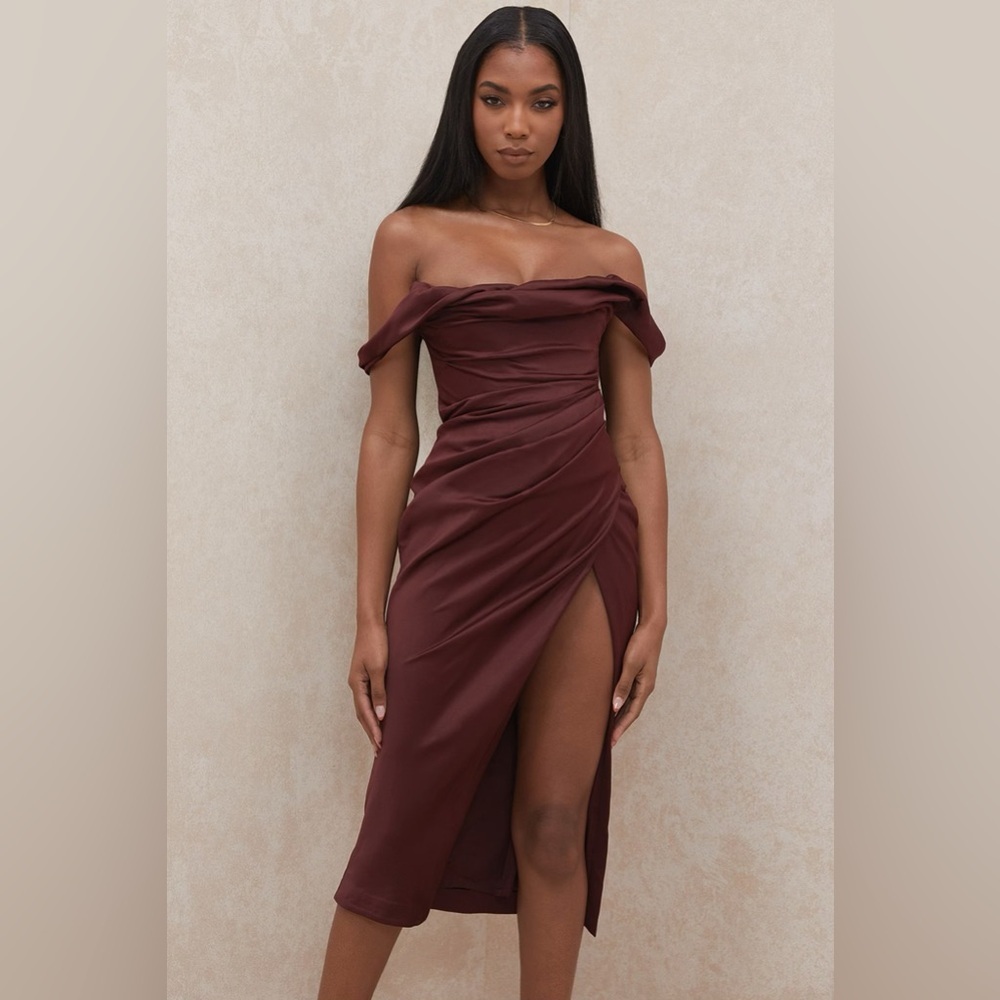House of CB Rhoda Raisin Off Shoulder Corset Dress Brown Midi Dress